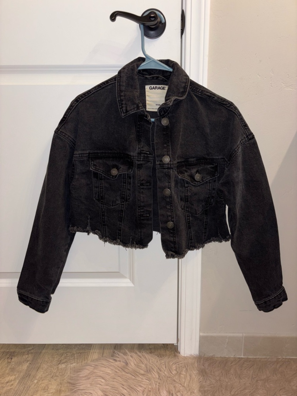 Garage Black Cropped Denim Jacket with Frayed Hem